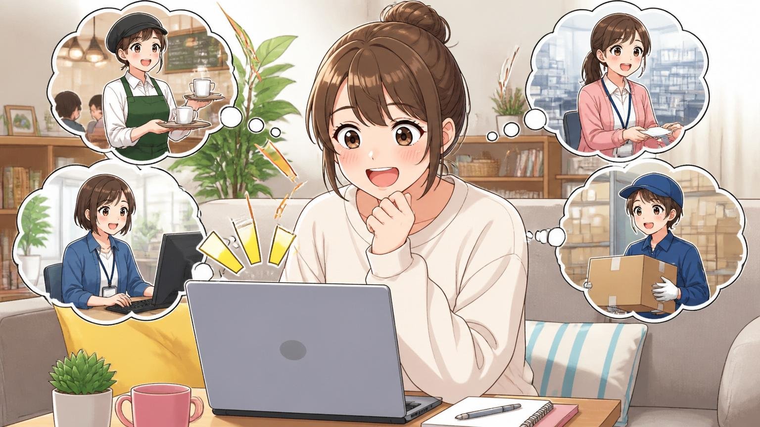 未経験OK求人を探す20代女性、自宅のリビング、転職活動、1人