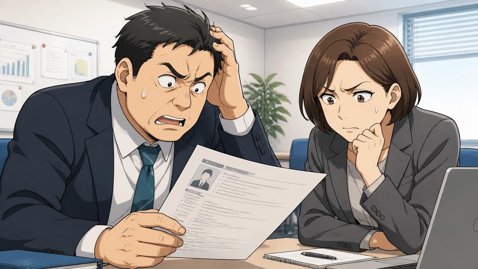企業の会議室で人事担当者2名が応募者の職務経歴書を見て難しい表情をする場面