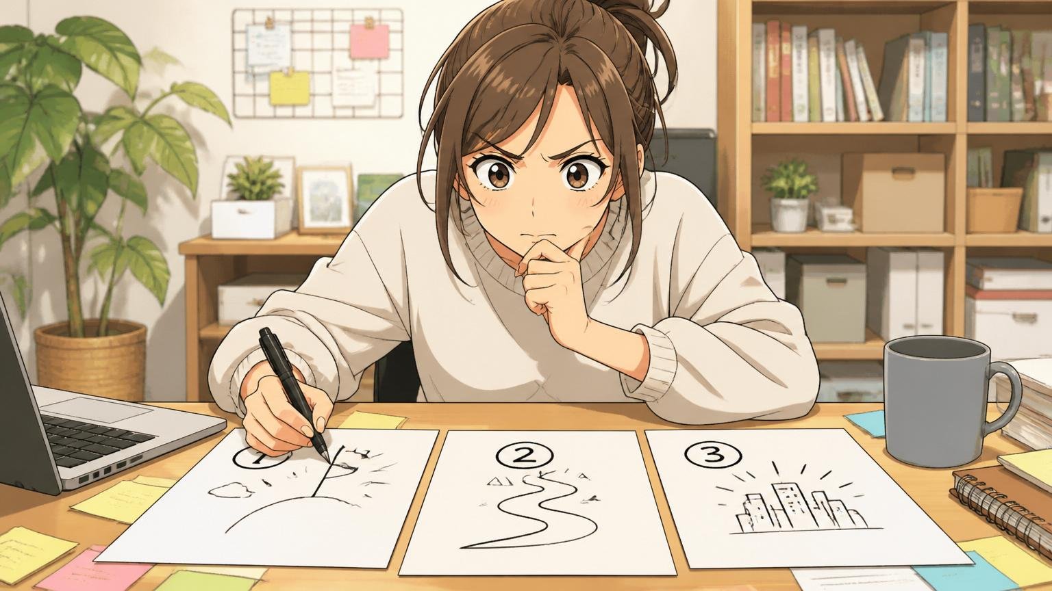 軸⑤時間軸での再起動シナリオ。自宅のデスクで30代女性エンジニア1人が3つの選択肢を紙に書き出している