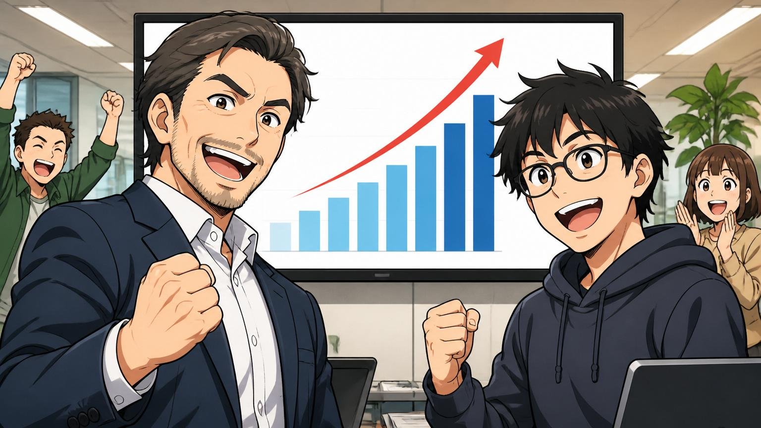 2017年以降6期連続黒字・IPO期待の経営の安定性。Web系スタートアップのオフィスで40代男性経営層と30代男性エンジニアの2人が、業績グラフの前で誇らしげな表情