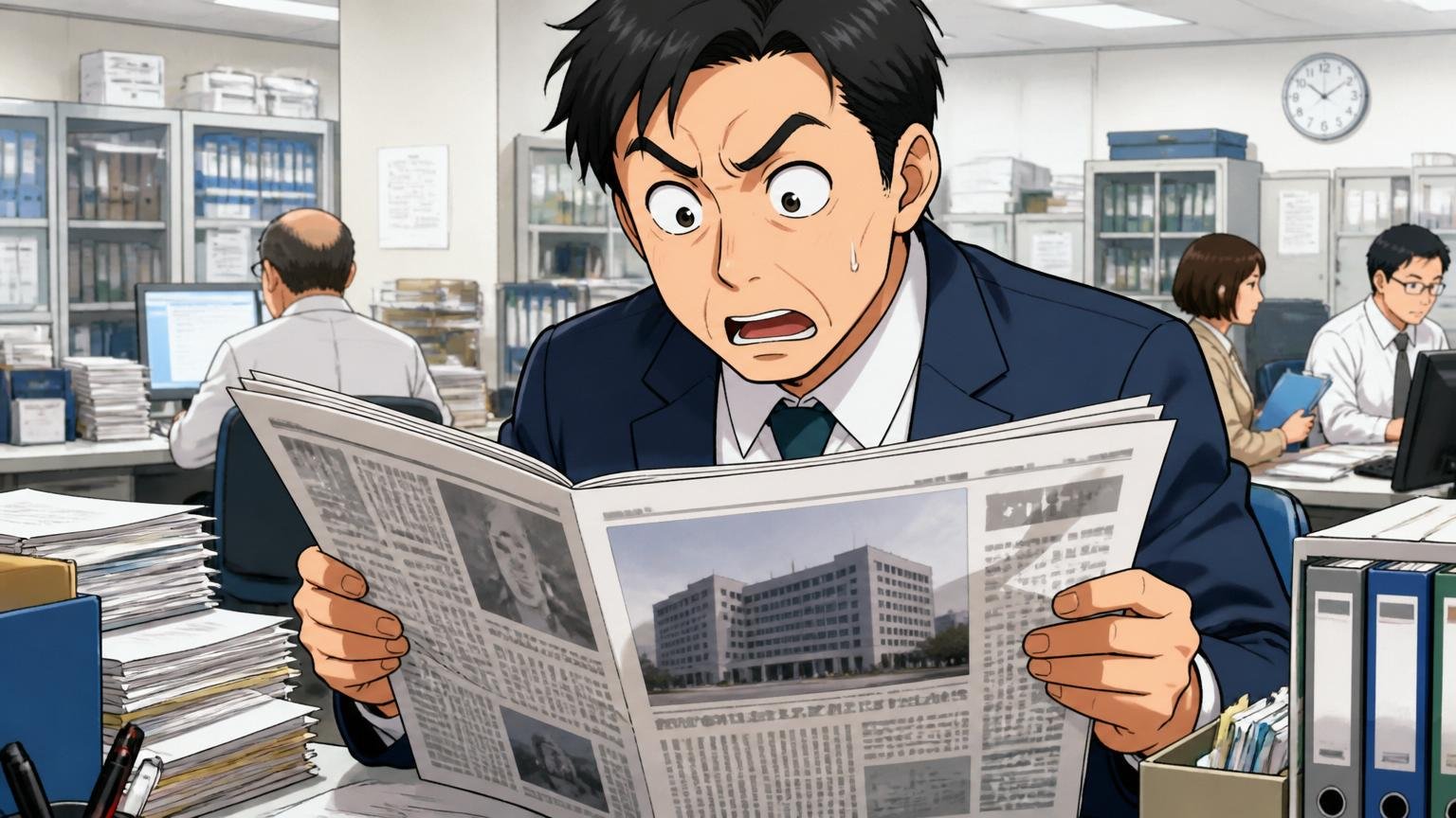 2018年の行政処分という過去事案。役所の事務スペースで40代男性が新聞記事を確認する