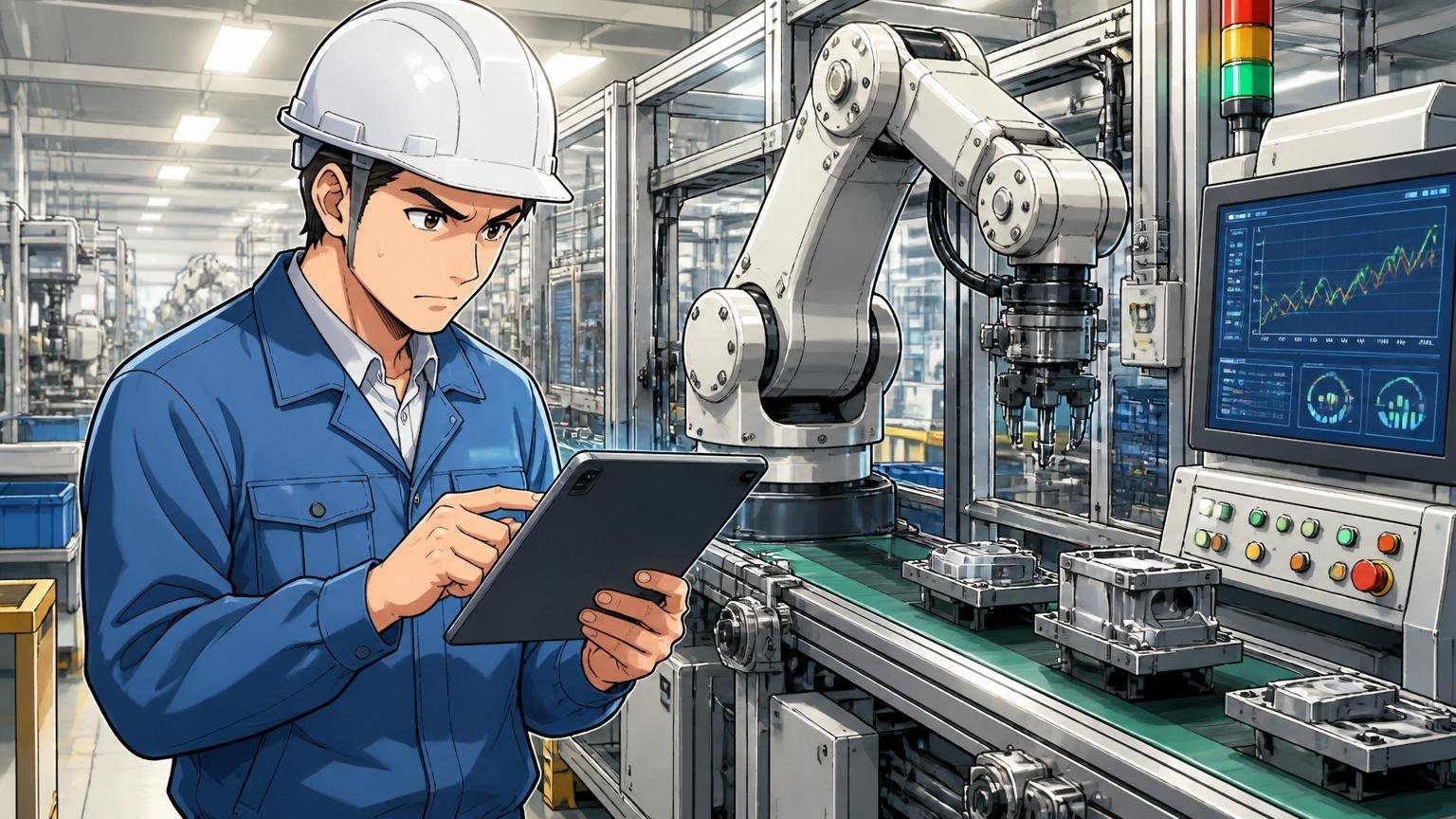 工場のラインに導入されたAIシステムを点検するエンジニア。製造業の現場、30代男性1人が機械と並んでタブレットで稼働確認