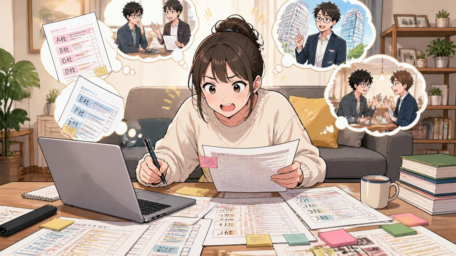複数社並行で方向転換の応募準備をするエンジニア、自宅のリビングで応募企業リストを整理する20代後半女性1人