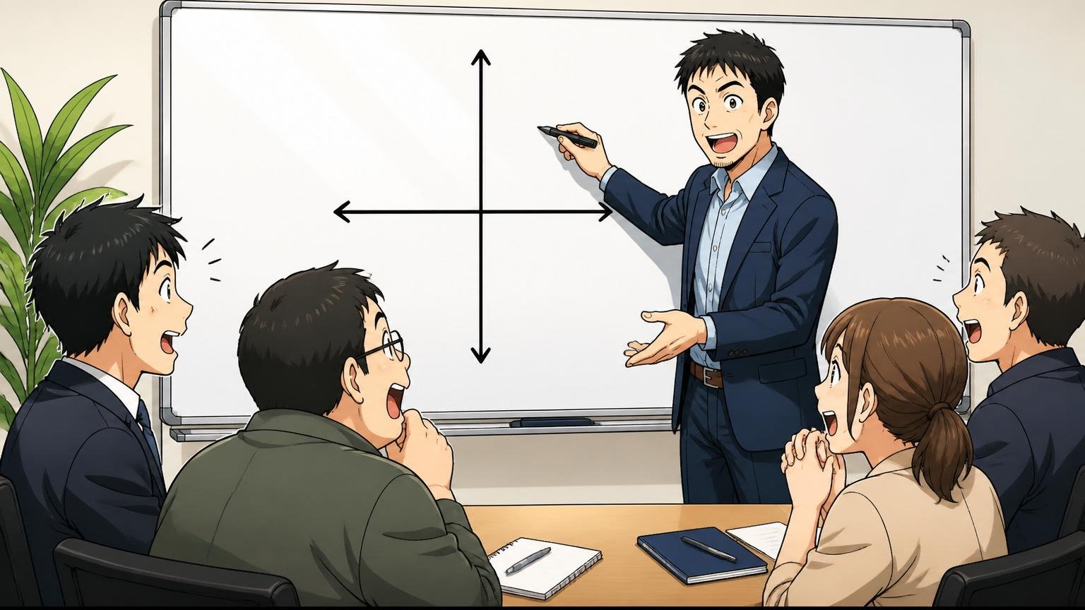 ホワイトボードに2軸マトリクスを描く講師役。会議室で講義、40代男性1人がマーカーで4象限を解説