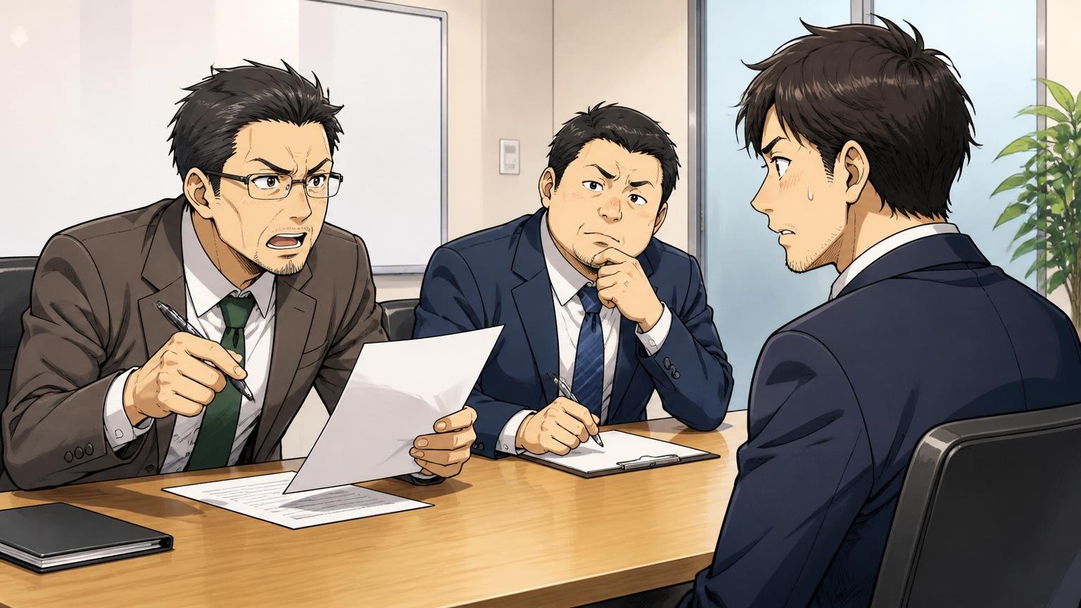 企業の会議室で面接を受ける30代男性エンジニアと真剣に質問する面接官2人