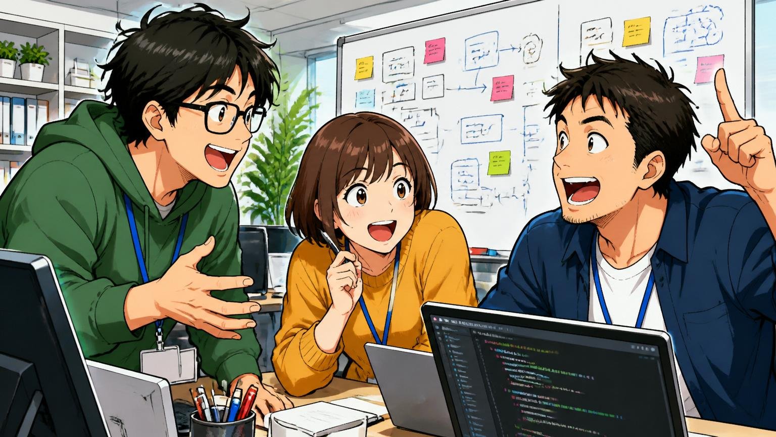 Web系IT企業のオフィスでアイデアを楽しそうに議論する30代男女エンジニア3人