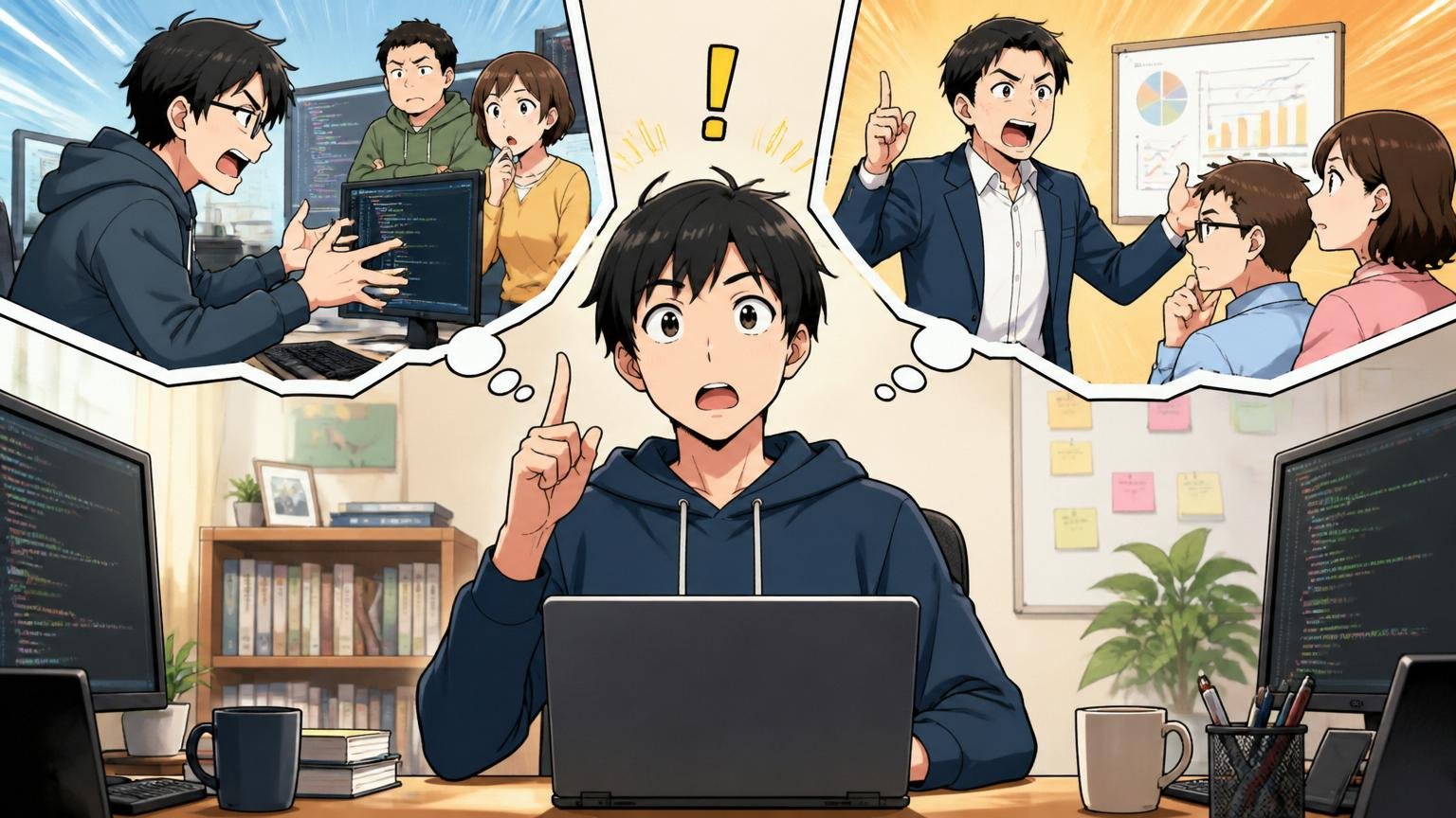 自宅のデスクで2つの選択肢に分かれて悩むエンジニアが、立場の違いで意味が変わることに気づく瞬間