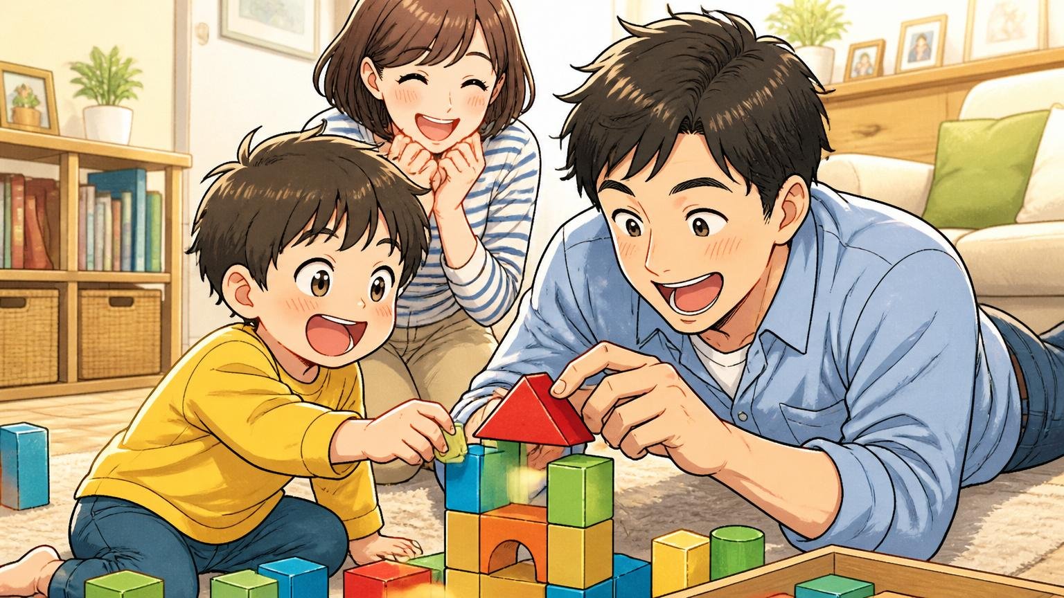 NTTドコモソリューションズに向いている人として家族と笑顔で過ごす自宅リビングで子供と遊ぶ30代男性社員