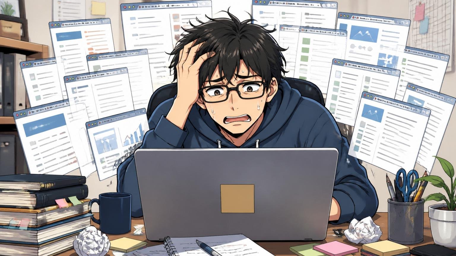 単独で判断するのが難しい理由。自宅のデスクで30代男性エンジニア1人がノートPCの大量のタブを抱え込んで疲れ果てた表情