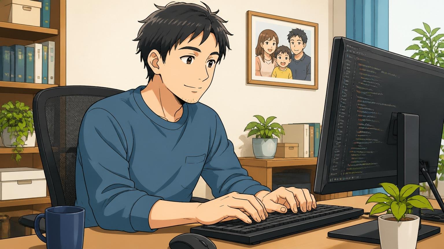 自宅のデスクで在宅勤務、家族の写真の横で落ち着いた表情でコードを書く30代エンジニア1人