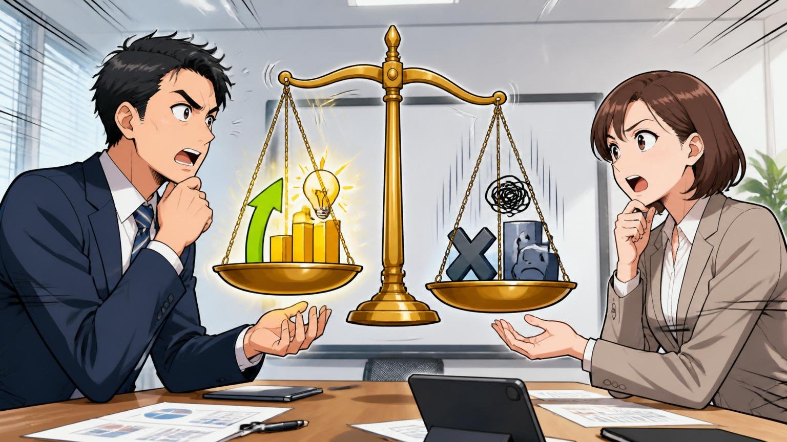 メリットとデメリットを天秤にかける。場所=企業の会議室。登場人物=2人のビジネスパーソン。動作=天秤のジェスチャーで議論