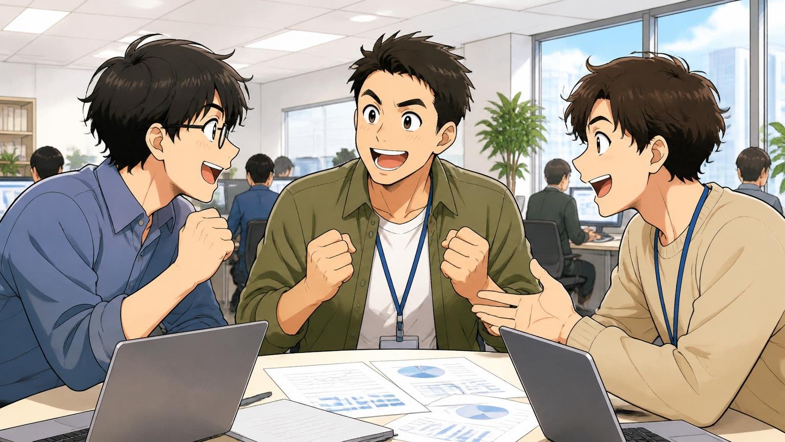 向いている人の特徴を語るシーン|上場SIerオフィスで満足げに笑顔を見せるエンジニア3人が会議机を囲む場面