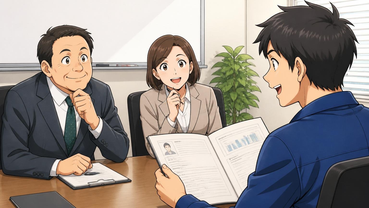 企業の会議室で面接官と向き合いキャリアシートを開く男性エンジニア1名と頷くキャリアアドバイザー2名の表情