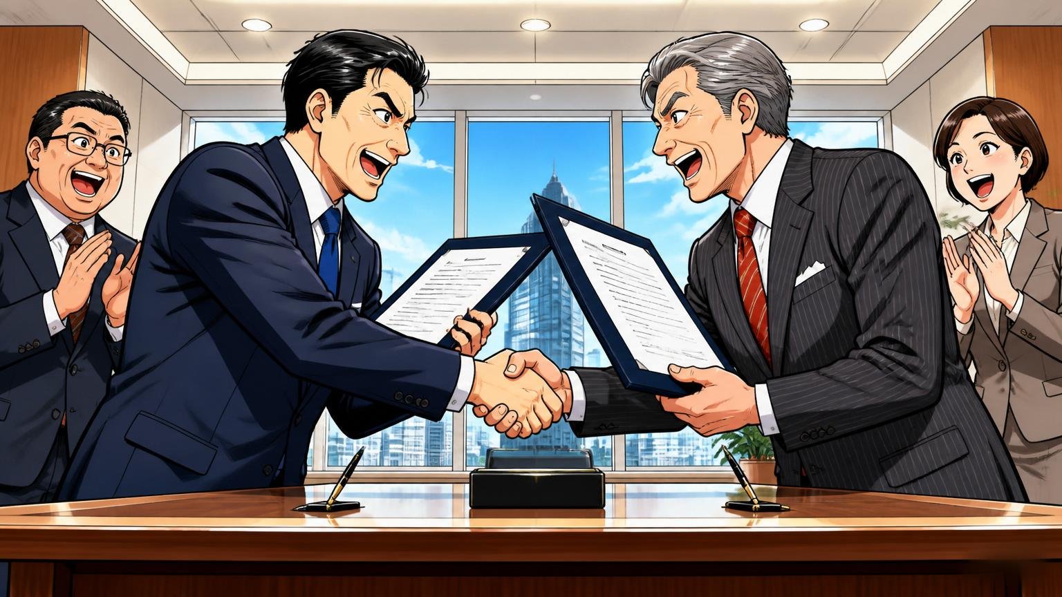 企業の役員フロアで2社の経営陣計4人がM&Aの調印書類を握手とともに交わす場面