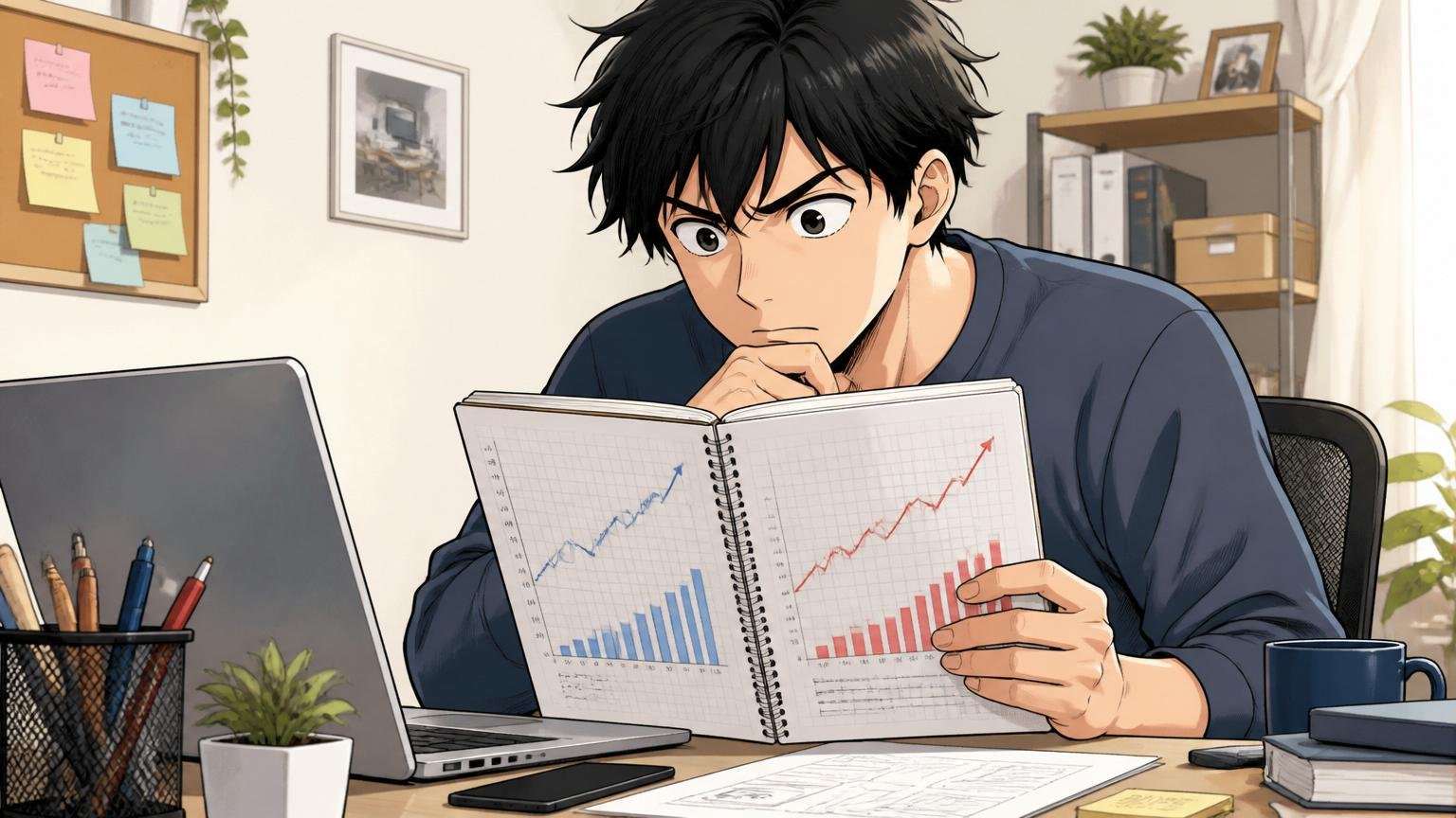 自宅のデスクで在宅勤務中の20代エンジニア1人が年収推移グラフをノートに書いて真剣に見比べる場面
