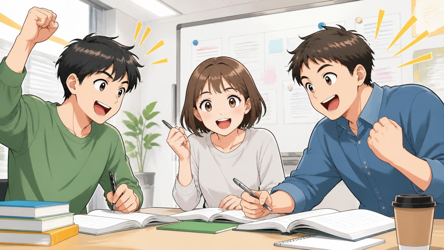 CLINKSが向いている人を解説。企業の研修ルームで未経験から学ぶ若手3人が前向きに資格勉強する明るい表情