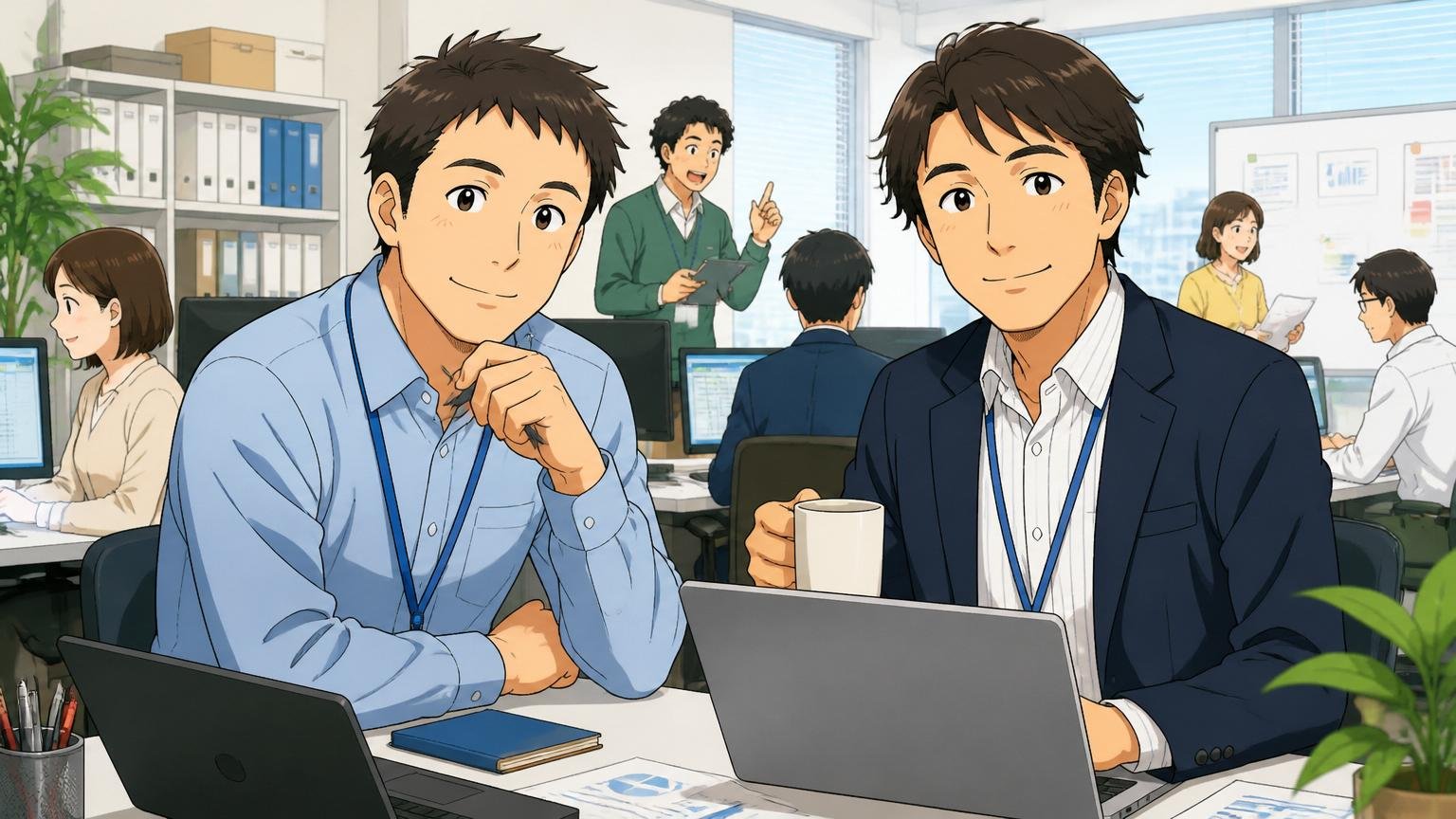 NTTデータアイに向いている人の5特徴。公共系SIerのオフィスで安心して働く中堅エンジニア2人が穏やかな表情