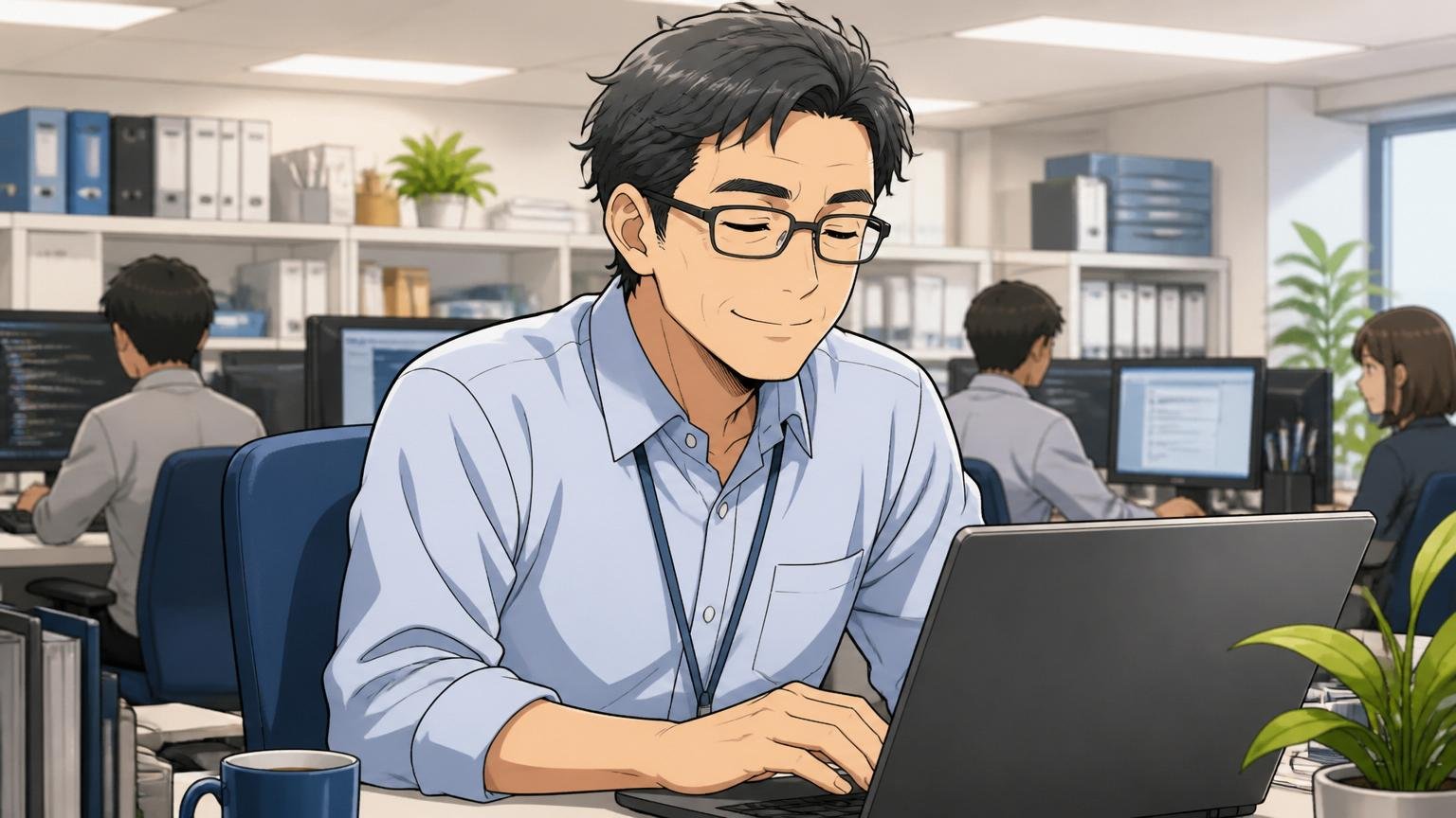 向いている人の特徴｜SIerの落ち着いたオフィスで満足そうにPCに向かう40代男性エンジニア1人