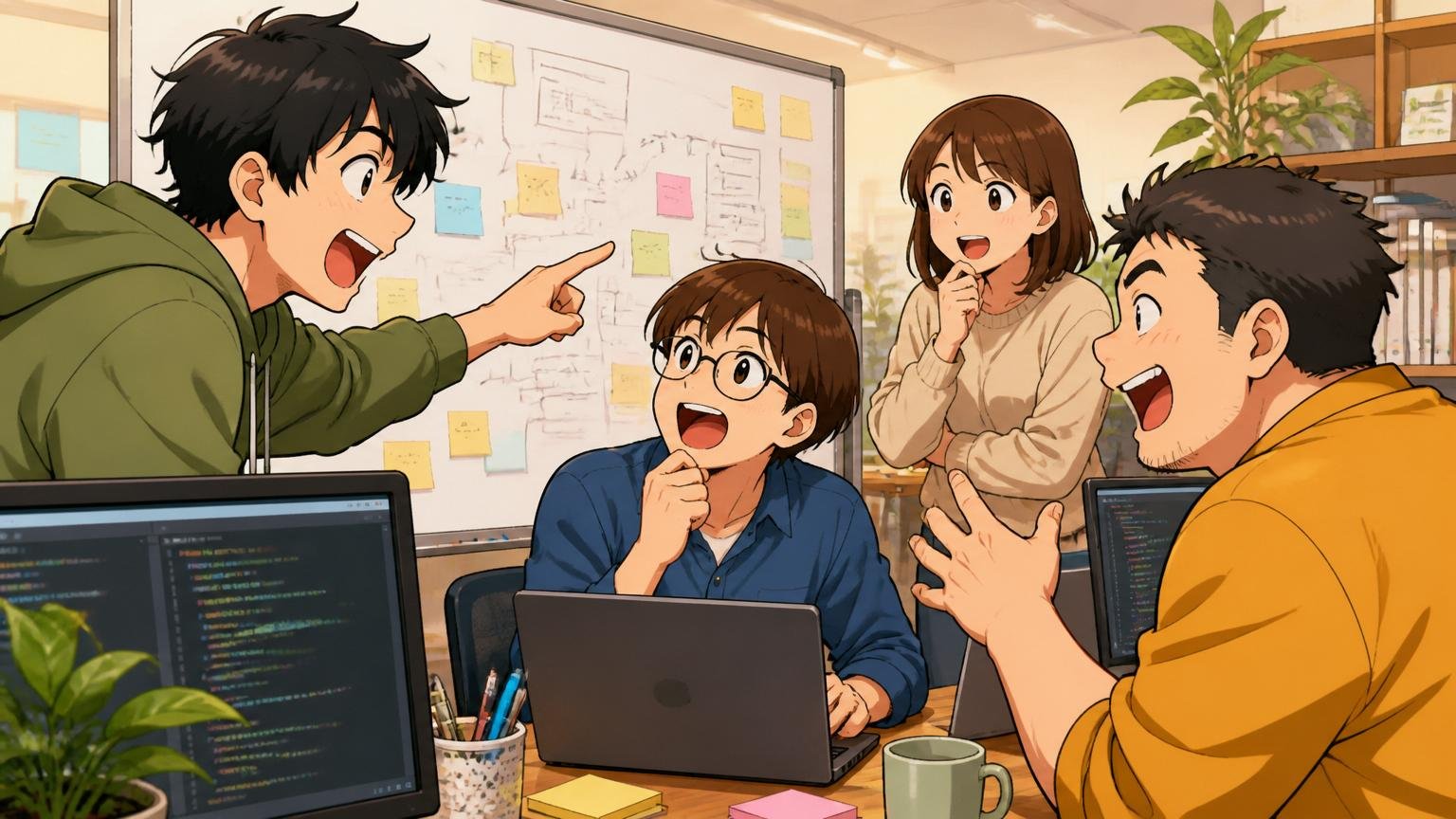 Web系スタートアップのカジュアルなオフィスで活発に議論するエンジニアたちの様子