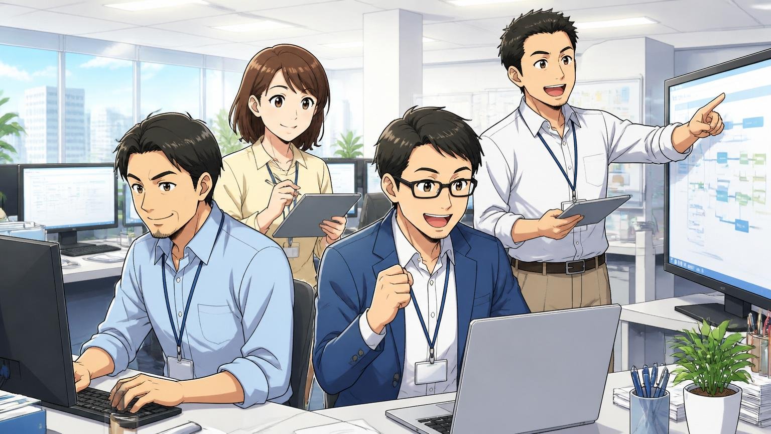 NECネクサソリューションズに向いている人5タイプ。大手SIerのオフィスで30〜40代の中堅社員4名がチームで業務を分担しながら穏やかな表情で働く