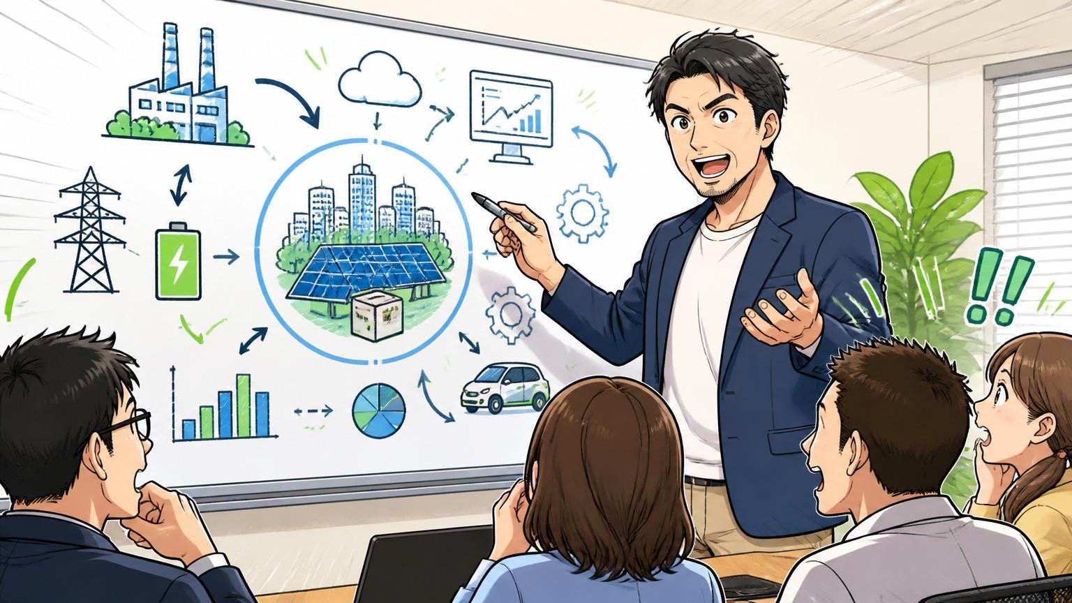 EMC事業の概念図を説明するベテランデジタルクリエイター。Web系企業の会議室で男性1人、ホワイトボードを使って熱心に解説する表情
