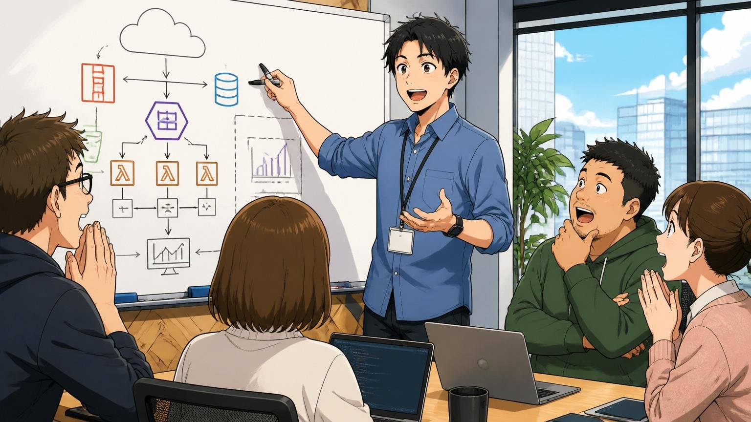 外資クラウド企業のオフィスでプレゼンするソリューションアーキテクト/外資ITのモダンオフィス/30代男性1人/ホワイトボードに図を描いて説明する