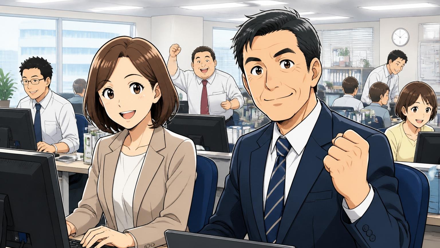 満足げに働く社員が並ぶ業務系老舗ソフト企業の執務フロア、30代女性と40代男性の2人、安心した笑顔