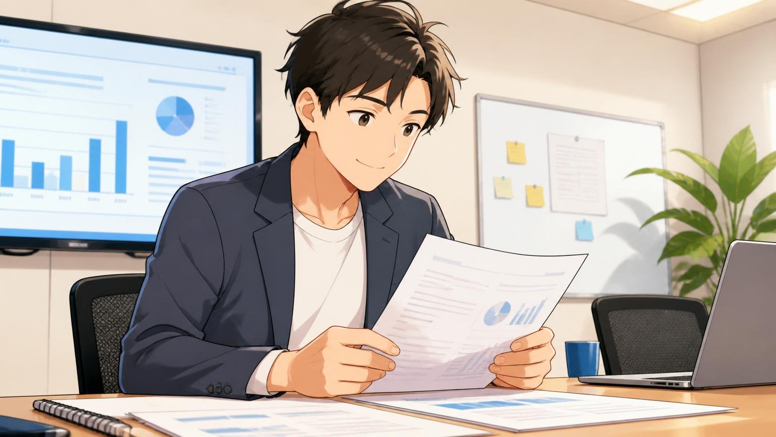 ANAシステムズに向いている人。企業の会議室で30代エンジニアが穏やかな表情で資料に目を通す