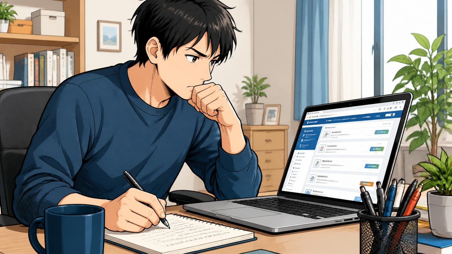 自宅のデスクで在宅勤務中に転職サイトを真剣に閲覧する30代エンジニア、登場人物は1人、メモを取りながら考え込む