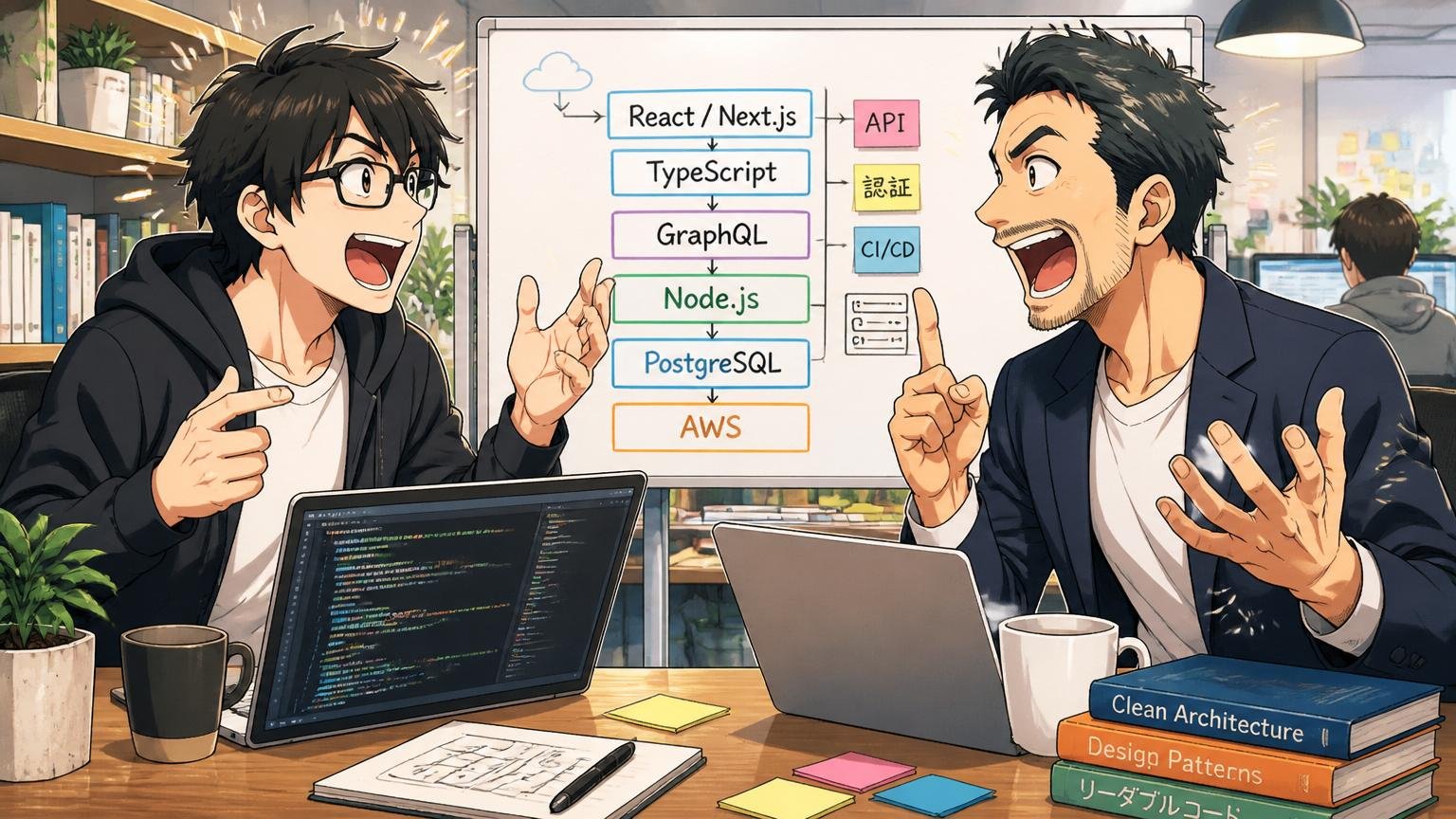 Web系スタートアップのオフィスで30代エンジニアと専門アドバイザーが技術スタックの会話で盛り上がっている