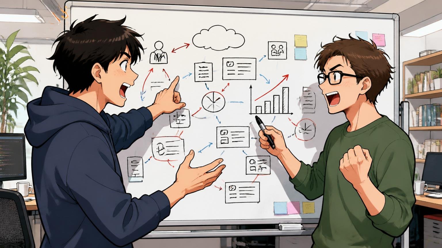 向いている人。Web系スタートアップのオフィスで男性エンジニア2名がホワイトボードを前に新規事業の図を熱く語り合う場面