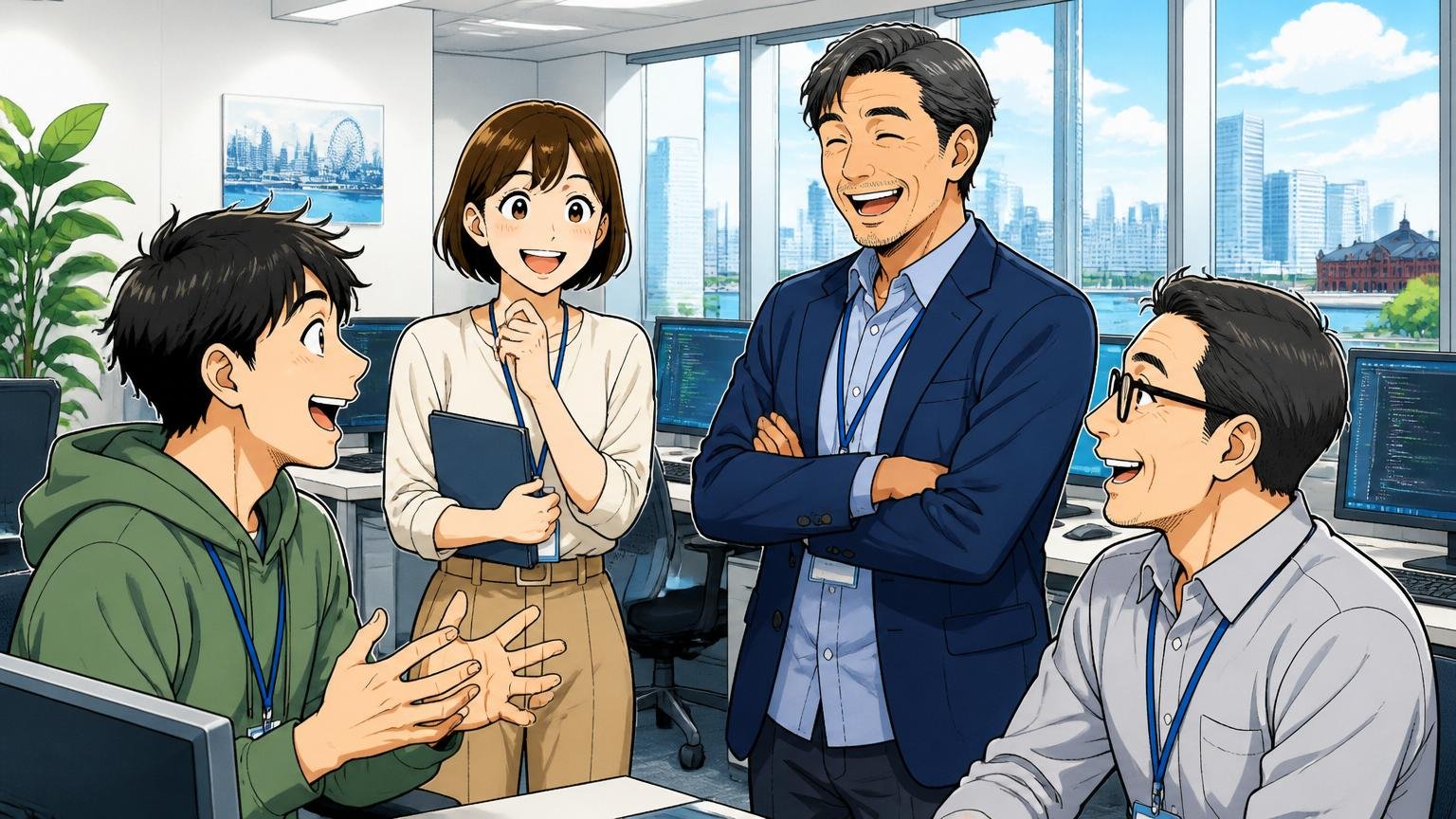 横浜のIT企業オフィスで20代から50代まで世代の異なる社員が談笑する4人