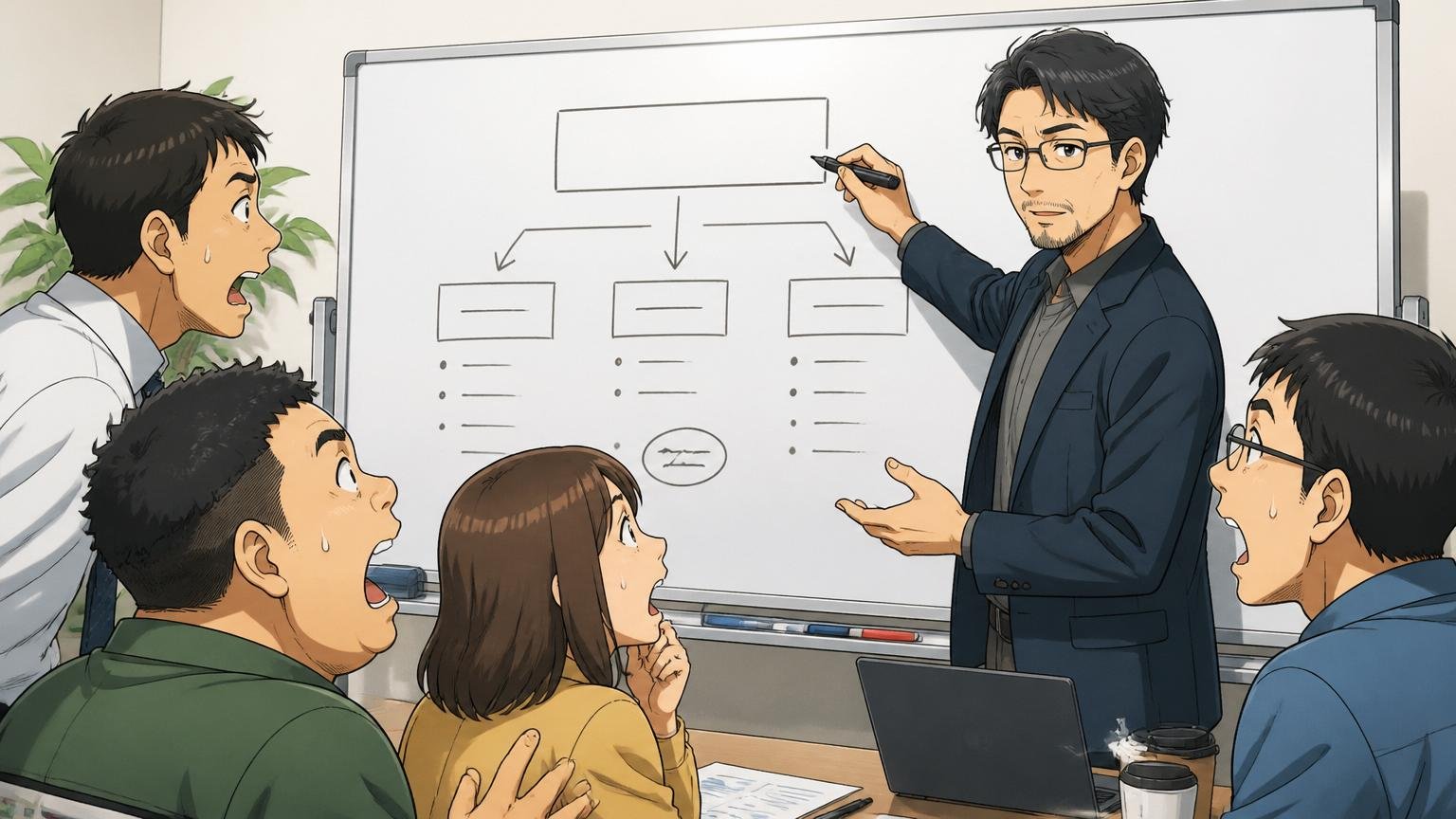 会議室のホワイトボードに「ブラック企業の定義」と書きながら冷静に整理する40代男性メンターエンジニア
