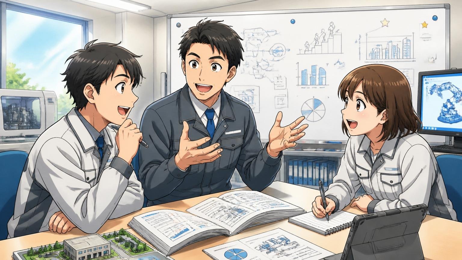 日立グループの研修施設で研修を受ける新人2名と先輩エンジニアが安定したキャリアを話し合っている