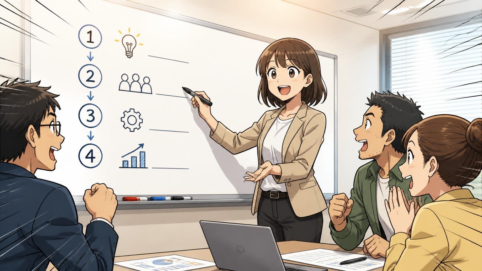 企業の会議室で30代女性エンジニアがホワイトボードに4つのステップを書き出し戦略を整理する