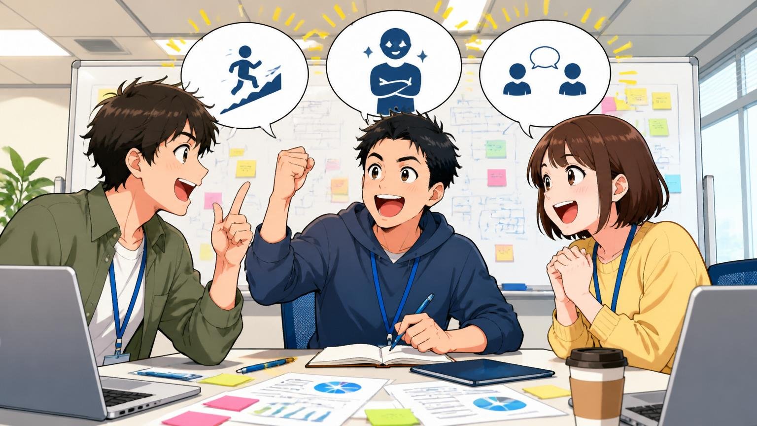 向いている人の3条件をイメージする場面、IT企業の研修室で意欲的な若手3人がチームで学ぶ、明るい雰囲気