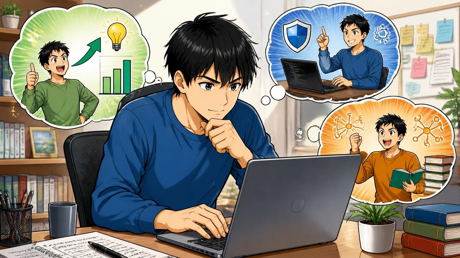 市場価値が下がらない3つの仕掛け。自宅のデスクで男性社員1人がノートPCに向かい技術ブログを書きながら集中して作業している