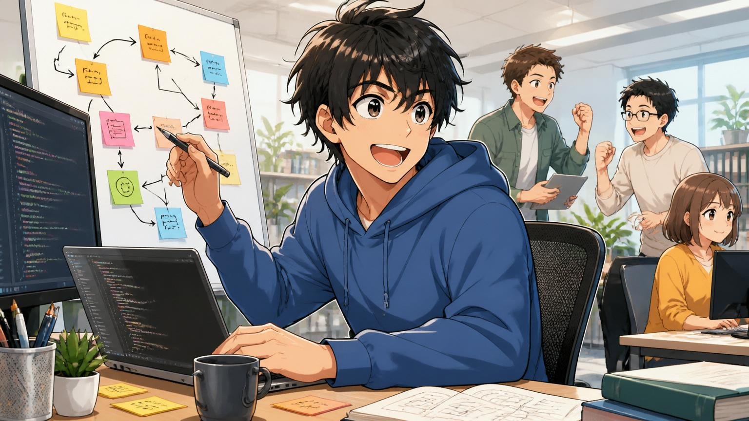 ジーニーが向いている人の特徴。Web系スタートアップで20代男性エンジニアが自分でタスクを切り出して笑顔で取り組む活気あるオフィス風景