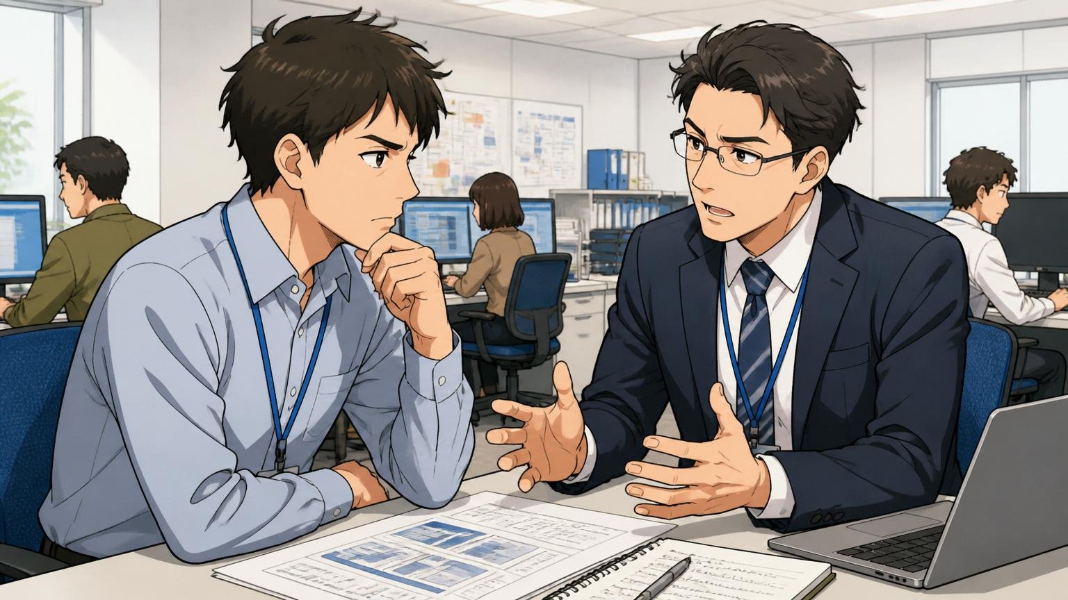 アルプス技研に残ってキャリアを伸ばす選択 オフィスのデスクで上司と1on1する中堅エンジニア2人 真剣な表情