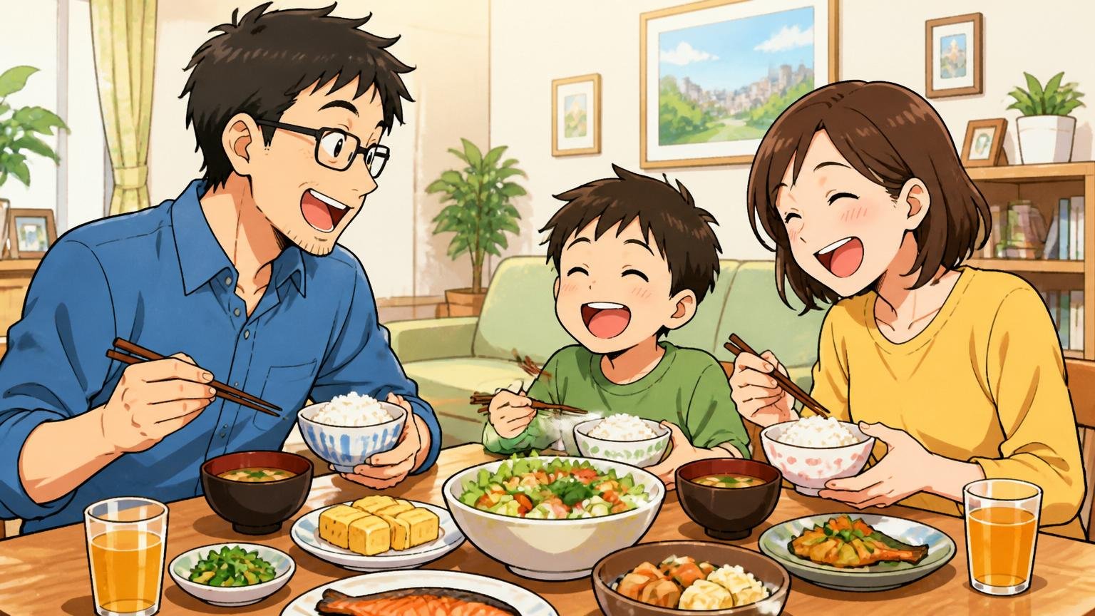 自宅のリビングで男性エンジニアが家族3人と笑顔で食卓を囲む