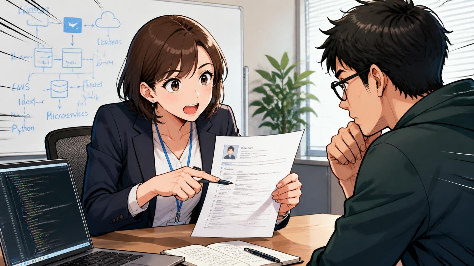企業の会議室でIT特化型エージェントの30代女性キャリアアドバイザーが、30代男性エンジニアの職務経歴書を見ながら専門用語で会話している場面