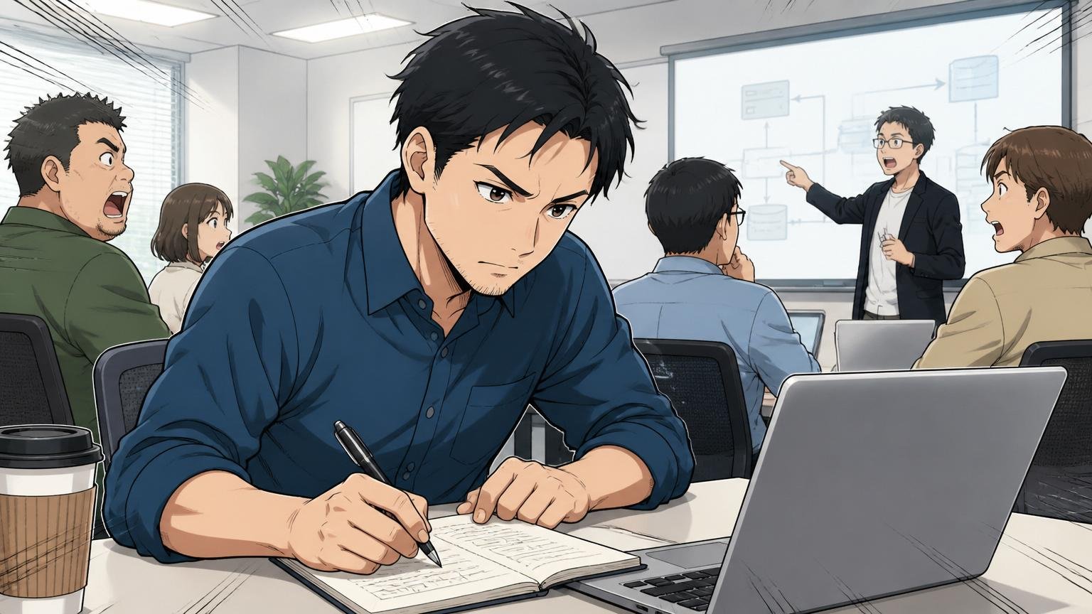 企業のオフィスで研修中の30代男性エンジニアが熱心にメモを取る