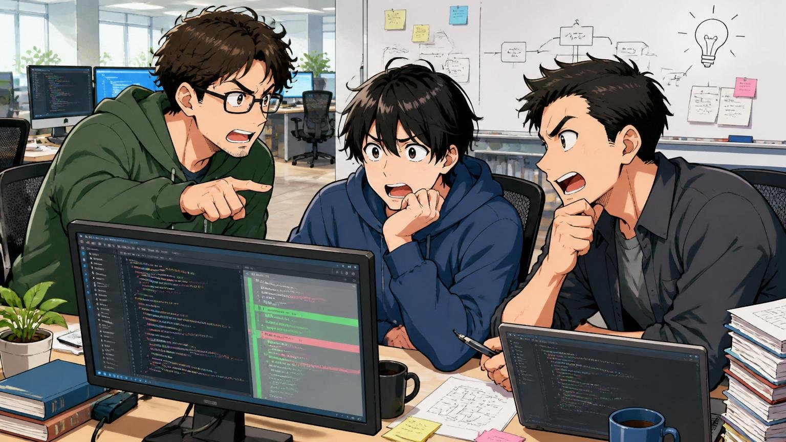 自社プロダクト開発の魅力と限界を考える場面、SaaS企業の開発フロアでエンジニア3人がコードレビューをする