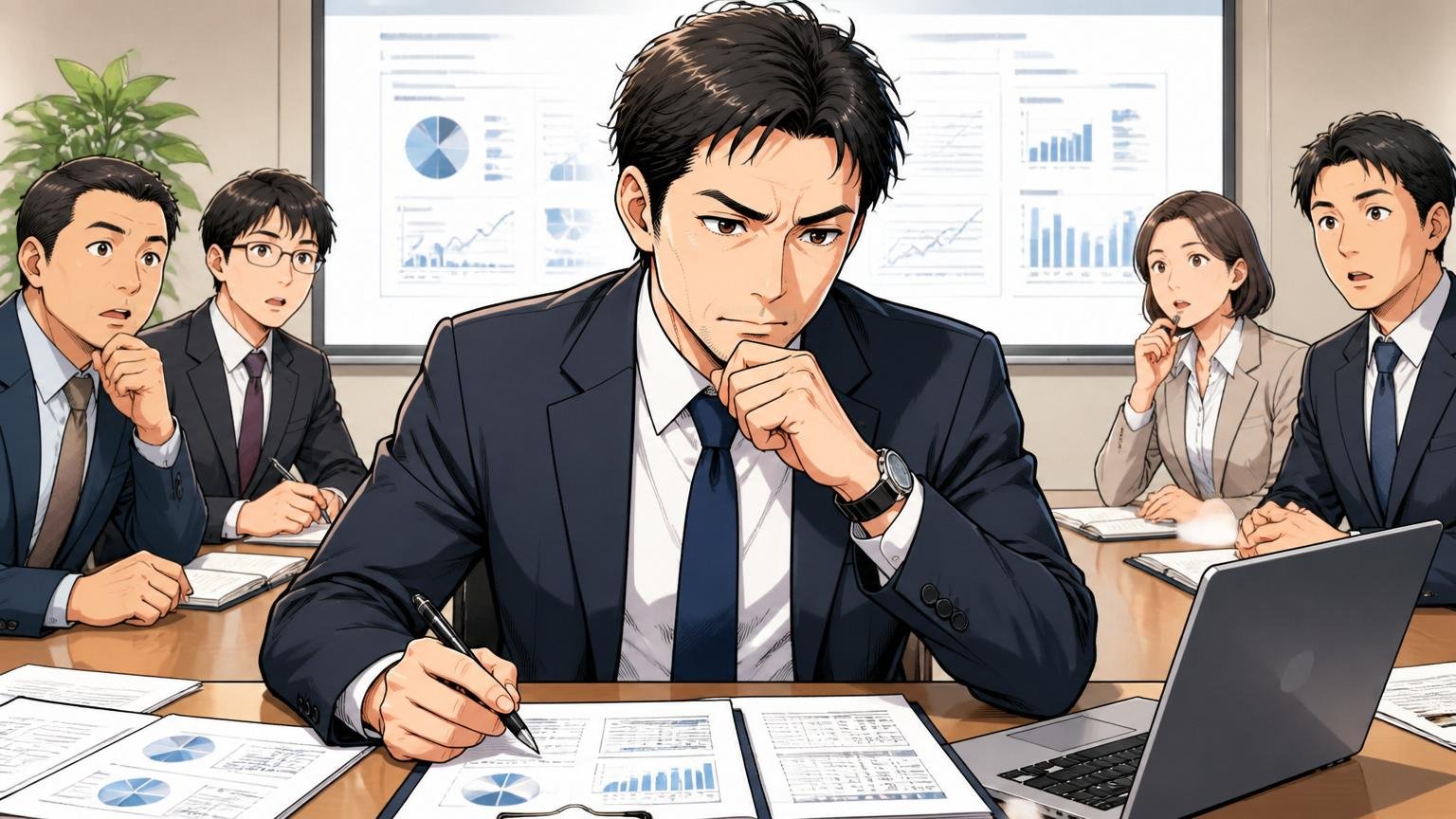 企業の会議室でマネジメントレビューに臨む30代後半男性マネージャーの集中した表情