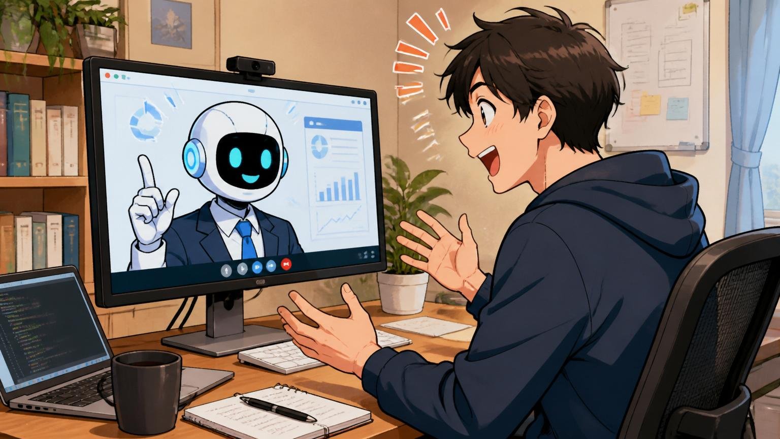 自分の市場価値を測るエージェントとカジュアル面談する自宅の在宅勤務デスクでオンライン面談する1人のエンジニア