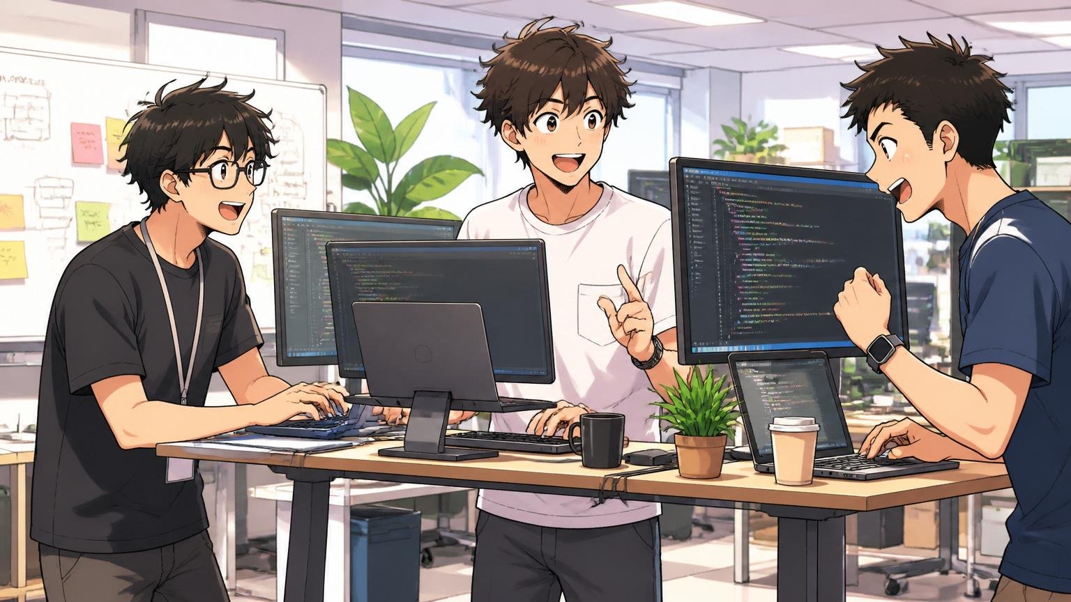 Web系スタートアップのオフィスでスタンディングデスクで開発するTシャツ姿の若手エンジニア3人