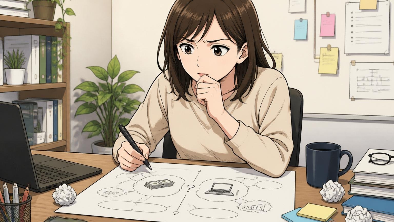 問1あなたの不満は年収だけか成長機会も含むか 自宅デスクで紙に書き出しながら考える30代女性エンジニア