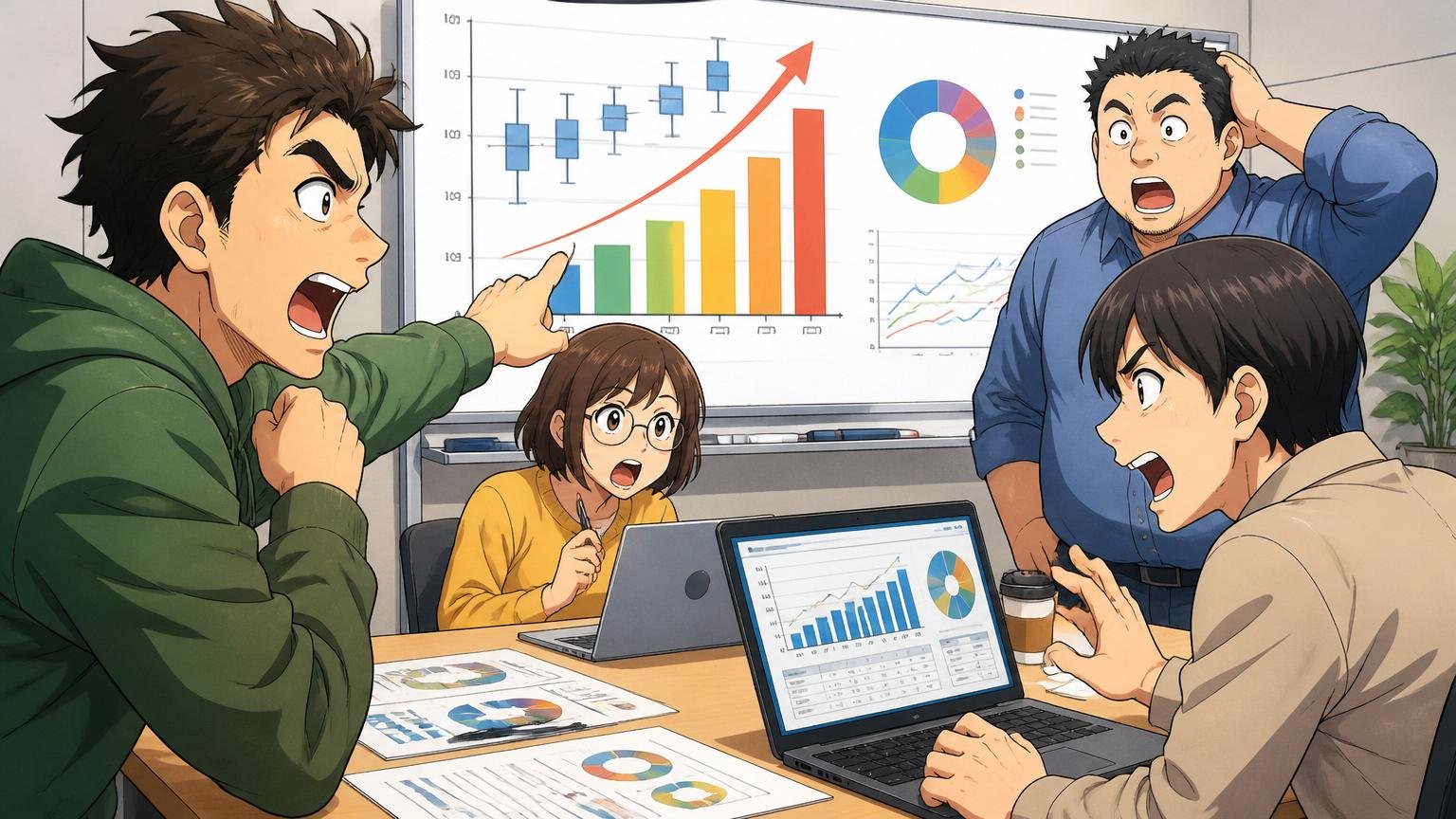 企業の会議室でITエンジニアの年代別年収データを分析する複数の社員