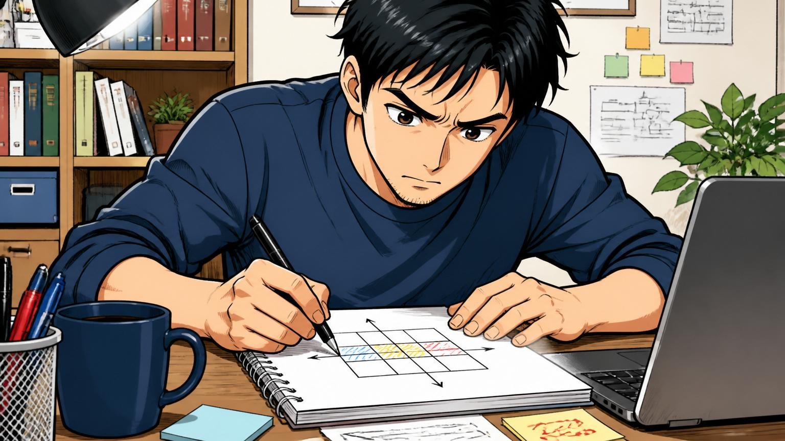 判断マトリクスを書き出す、自宅デスクで30代男性、ノートに図を描く真剣な表情