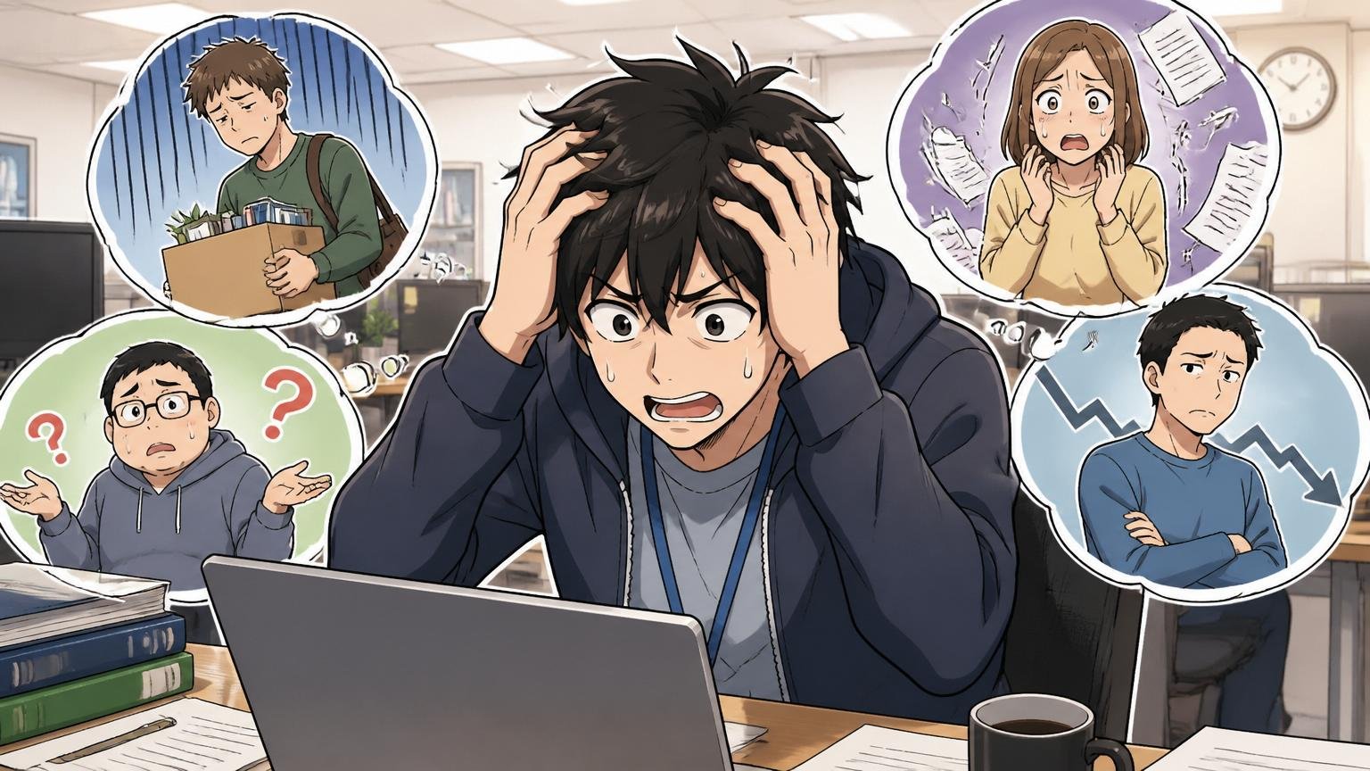 転職で後悔する人の4つの共通パターン 転職活動でつまずき頭を抱える男性エンジニア1人をオフィスで